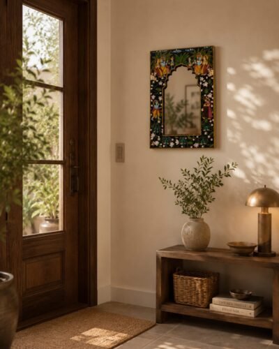 Pichwai Theme Mirror Frame - Krishna Raslila Gopi Cow