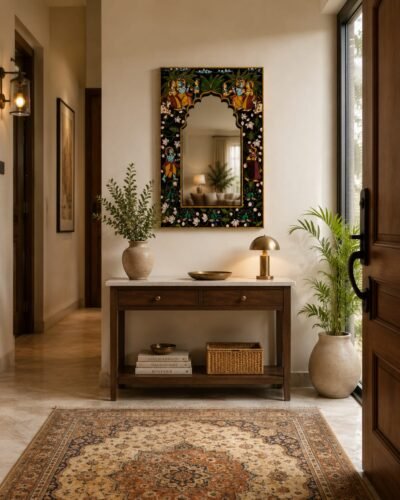Pichwai Theme Mirror Frame - Krishna Raslila Gopi Cow