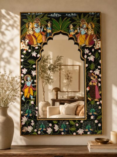 Pichwai Theme Mirror Frame - Krishna Raslila Gopi Cow