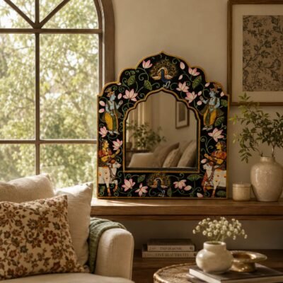Pichwai Theme Mirror Frame - Krishna Gopi Cow